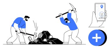 Maden konsepti. İşçiler taş çıkarmak için araç gereçler kullanıyor. Bir telefon ve tıbbi artı üzerinde yer tespiti ile eşleştirilmiş. Madencilik sıkı çalışmayı, veri yakalamayı ve teknolojik uygulamaları yansıtır. Endüstriyel