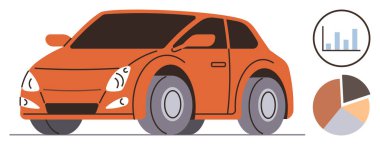 Otomotiv teknolojisi, veri analizi, ulaşım, pazar trendleri, çevre dostu araçlar, iş raporları. Çubuk grafiği ve pasta grafiği olan turuncu renkli araba. Otomotiv teknolojisi ve veri analizi