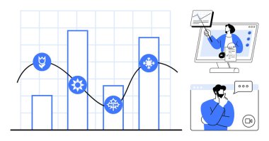 Veri analizi görselleştirme. Grafikler, mevsimler için simgelerle desenler ve eğilimler gösterir. Veri analizi iş stratejisini, dijital işbirliğini ve sunumları destekler. Analiz için.