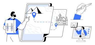 Seyahat teknolojisi. Aletleri olan seyahat teknolojisi dijital haritaları, işaretleri ve sanal çalışma alanı uygulamalarını onaylıyor. Seyahat teknolojisi modern seyrüsefer, planlama ve uzak çalışmalara yardımcı olur.