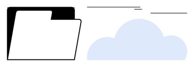 Mavi bulutun yanındaki siyah klasör bulut deposunu temsil ediyor. Veri, teknoloji, bulut hesaplama, organizasyon, dosya paylaşımı, uzaktan çalışma dijital yenilik için idealdir. Basit düz