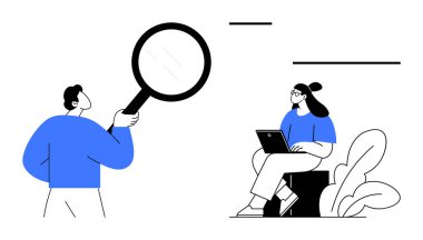 Dijital arama konsepti. Elinde büyüteç tutan biri, dizüstü bilgisayarda çalışan birini gözlemler. Dijital arama analizleri, veri keşifleri ve online araştırmaları vurgular. İdeal