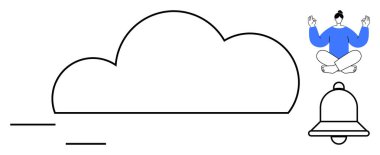 Bulut deposu, bilgilendirmeler, farkındalık, dijital organizasyon, zihinsel berraklık, meditasyon. Bulut, çan ve meditasyon yapan kişiyi gösteren minimalist çizgiler. Bulut depolama ve bildirim kavramı