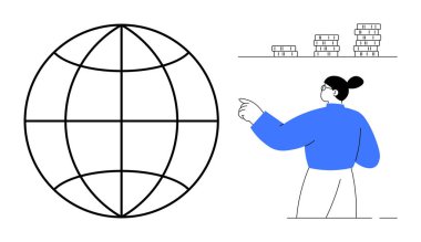 Küresel bağlantı, finansal büyüme, iş planlaması, yenilik, teknoloji, küresel ticaret. Küreyi işaret eden ve bozuk paraları istiflemiş bir kadın. Küresel bağlantı ve finansal büyüme kavramı