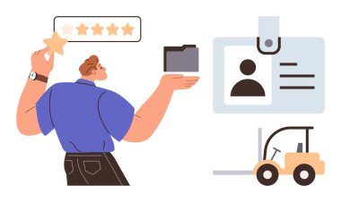 Kimlik doğrulama, derecelendirme sistemleri, depo işlemleri, lojistik, müşteri geribildirimleri, çalışan yönetimi. Yıldız tutan kişi, kimlik kartı klasörü ve forklift. kimlik doğrulaması