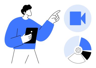 Medya üretimi, veri görselleştirme, içerik oluşturma, video akışı, dijital analitikler, teknoloji araçları. Tabletli biri kamera simgesini ve pasta grafiğini gösteriyor. Medya üretimi ve verileri