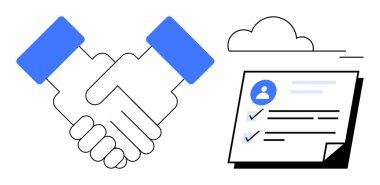 Ortaklığı sembolize eden bir tokalaşma. Profili ve kontrol listesi olan bir belge. Takım çalışması, işbirliği, güven, sözleşme, uyum, çevrimiçi hizmet veri güvenliği için ideal. Basit düz