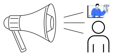 Hoparlör, kupa içeren bir sunumu izleyen kişiye ses yayıyor. İletişim, motivasyon, liderlik, tanınma, başarı, pazarlama, sanal olaylar için ideal