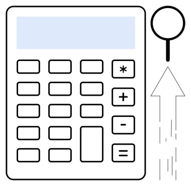 Finans, iş stratejileri, veri analizleri, verimlilik, eğitim, matematiksel kavramlar. Büyüteçle yukarı doğru ok atan bir hesap makinesi. Mali analiz ve iş konsepti