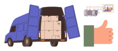 Lojistik, teslimat, depo nakliyesi, tedarik zinciri çözümleri, ulaşım, verimlilik takibi. Dolu bir minibüs, iyi niyet göstergesi ve performansı gösteren bir çizelge. Lojistik