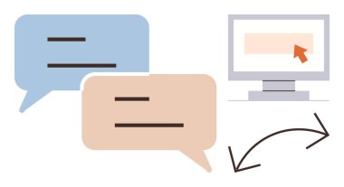 Dijital iletişim, çevrimiçi mesajlaşma, veri transferi, uzaktan etkileşim, teknoloji bağlantısı, iş akışı süreçleri. Okları ve bilgisayar ekranı olan mavi ve bej sohbet baloncukları. Dijital