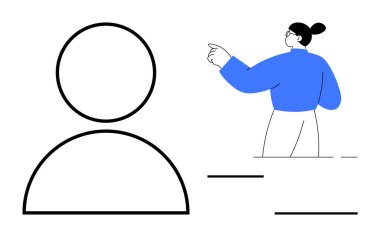 Dijital kimlik, kullanıcı profilleri, sosyal ağ, iletişim, çevrimiçi platformlar, teknoloji etkileşimi. İşaret eden biriyle birlikte bir kullanıcı simgesi. Dijital kimlik ve kullanıcı profilleri kavramı