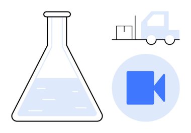 Araştırma, tedarik zinciri, medya, eğitim, dijital dönüşüm, yenilik. Laboratuvar şişesi, teslimat kamyonu ve video ikonu. Araştırma ve tedarik zinciri kavramsal