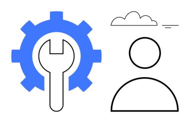 Teknoloji konsepti. Bir dişli ve anahtar ikonu, bulut sembolü ve insan profili ile donatılmış teknoloji araçları. Bilişim hizmetleri, sorun giderme ve yazılım geliştirme için teknolojik yenilik. Kullanım IT içerir