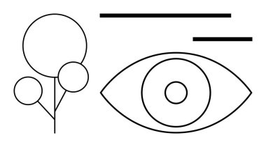 Görsel iletişim, sanat kavramları, tasarım ilhamı, modern estetik, soyut semboller, markalaşma. Geometrik ağaç ve çizgilerle siyah beyaz bir göz. Görsel iletişim ve sanat
