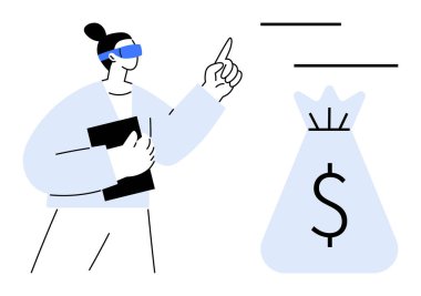 Üzerinde dolar işareti olan para çantasını gösteren VR kulaklık takan biri. Teknolojinin yol açtığı finansal büyüme, fintech, yatırım, dijital varlıklar ve sanal işlemler kavramı. Fintech için ideal