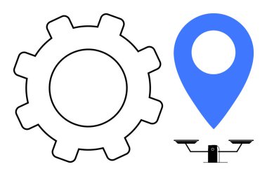 Navigasyon sistemleri, endüstriyel araçlar, karar verme mekanizmaları, teknoloji süreçleri, iş amaçları, denge. Bir vites, mavi harita pin ve ölçek. Navigasyon sistemleri ve endüstriyel araçlar kavramı