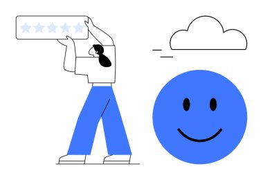 Müşteri geribildirim kavramı. Derecelendirme yıldızları, mutlu yüz ve bulut elementleri üzerinden daha fazla geri bildirim. Müşteri geri bildirimi memnuniyetin değerlendirilmesine ve deneyimlerin geliştirilmesine yardımcı olur. İncelemeler, markalaşma, anketler için.