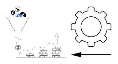 Gelir nesli. Huni kullanıcı verilerini gelir üretimini gösteren finansal büyüme adımlarına işlerken bir dişli iş akışı otomasyonunu gösterir. İş, pazarlama, veri işleme ve teknoloji için