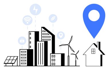Kentsel gelişim, yenilenebilir enerji, bağlantı, akıllı evler, navigasyon, çevre dostu yaşam. Şehir binaları, rüzgar türbinleri güneş paneli mavi lokasyon iğnesi. Yenilenebilir enerji