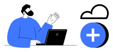 Bulut işbirliği. Bir iş adamı bulut ikonu, bulut işbirliği ve depolama yanında bir dizüstü bilgisayarla etkileşime girer. Takım çalışması, dosya paylaşımı ve kusursuz veri erişimi için bulut işbirliği. İdeal