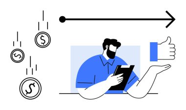 Finansal planlama, çevrimiçi ticaret, yatırım stratejileri, ekonomik analiz, onay, karar verme. Tablet tutan, bozuk paraları sağa doğru düşüren ve baş parmak ikonu olan bir kişi. Finansal