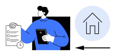 Uzaktan çalışma konsepti. Kontrol listesi ve ev sembolü olan uzak iş gücü. Uzaktan kumandalı araçlar organizasyonu ve esnekliği. İş, üretkenlik, serbest çalışma, iş akışı, teknoloji için