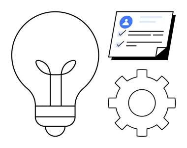 Fikirler için ampul, planlama için kontrol listesi ve süreci sembolize eden ekipman. Yenilik, üretkenlik, organizasyon, iş akışı, yaratıcılık takım çalışması için ideal. Basit bir düz metafor.