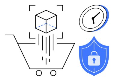 Ticaret, güvenli işlemler, lojistik, siber güvenlik, hızlı dağıtım, dijital koruma. Küplü bir araba, saat simgesi ve kilitli bir kalkan. Ticaret ve güvenli işlemler kavramı