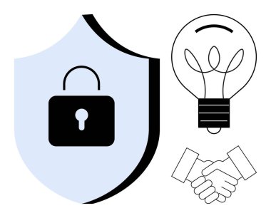 Siber güvenlik, veri koruması, işbirliği, yenilik, ortaklıklar, fikir üretimi. Kilitli kalkan, ampul tokalaşması simgeleri. Siber güvenlik ve veri koruma kavramı