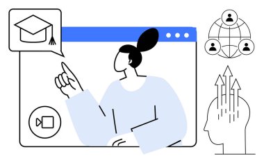 Online eğitim. Sanal öğrenimle çevrimiçi eğitim, bilgi paylaşımı görseller ve video elementleri. Çevrimiçi eğitimi destekleyen e-öğrenme, işbirliği, beceri geliştirme. E-öğrenim için