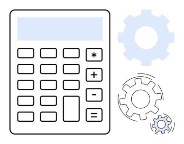 Otomasyon, iş verimliliği, veri analizi, finansal yönetim, matematik işlemleri, işlem mühendisliği. Dönen dişli simgelerinin yanında matematik anahtarı olan bir hesap makinesi. Otomasyon ve iş