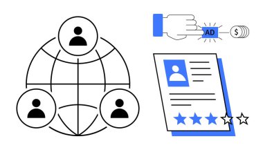 Küresel kullanıcı ağı, ödeme reklamları ve kullanıcı profili değerlendirme sistemi görselleştirmesi. Pazarlama, reklamcılık, ağ oluşturma, çevrimiçi değerlendirmeler, sosyal medya, kullanıcı yönetimi ve daire için ideal