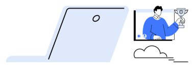 Dizüstü bilgisayarında ödül kazanan birinin olduğu dijital ödül sahnesi. Uzaktan başarı, sanal tanıma, çevrimiçi başarılar, video konferansı, dijital olaylar, evden çalışma için ideal