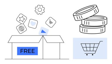 E-ticaret, dijital kaynaklar, uygulama geliştirme, online alışveriş, ücretsiz indirme, abonelik parası. Ücretsiz uygulama simgeleri ve alışveriş arabası resimleriyle birlikte kutuyu aç. E-ticaret ve dijital kaynaklar