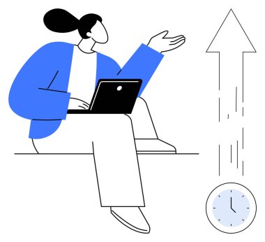 İş büyümesi, verimlilik, zaman yönetimi, şirket stratejisi, kariyer planlaması, uzaktan çalışma. Yükselen bir ok ve saatle dizüstü bilgisayarda çalışan biri. İş büyümesi ve üretkenlik kavramı