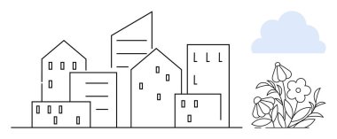 Kentsel planlama, sürdürülebilirlik, eko-yaşam, şehir tasarımı, modern mimari, iklim farkındalığı. Yeşil ve bulutlu basit şehir çizgisi. Kentsel planlama ve sürdürülebilirlik kavramı