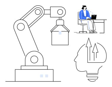 Yapay zeka konsepti. Robot kol, yenilikçi insan düşüncesi ve teknoloji entegrasyonu tarafından sunulan yapay zeka. Yapay zeka endüstride devrim yaratıyor.