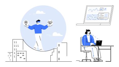 Uzaktan kumanda. Uzaktan çalışma yenilik, teknoloji ve verimliliği bütünleştirir. Dijital aletleri ve profesyonel denge görevleri olan bir masa başı çalışanı. İş, teknoloji ve verimlilik için mükemmel.