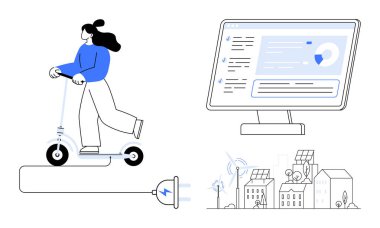 Elektrikli araçlar, yeşil ulaşım, kentsel yenilik, yenilenebilir enerji, dijital altyapı, çevre dostu yaşam. Elektrikli scooter kullanan kadın, akıllı gösterge paneli ve sürdürülebilir şehir