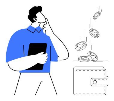 Finansal planlama, para yönetimi, tasarruf, yatırım kararları, kişisel bütçe, dijital ödemeler. Tablet tutan biri, bozuk paralar cüzdana düşüyor. Mali planlama ve tasarruflar