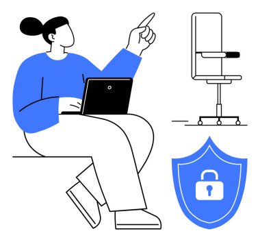 Uzaktan çalışma, siber güvenlik, işyeri ergonomisi, modern ofis, veri koruması, çevrimiçi iletişim. Diz üstü bilgisayarı yukarıya bakan kişi, kilit ikonlu ofis koltuğu kalkanı. Uzak çalışma