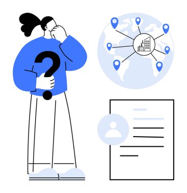 İş stratejisi, küresel genişleme, takım yönetimi, navigasyon, adam toplama, problem çözme. Elinde soru işareti olan bir kişi, konum şifreli bir harita. İş stratejisi ve küresel