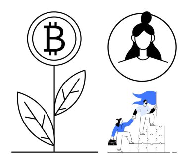 Engelleme teknolojisi, kripto para birimi yatırımı, takım çalışması, finansal büyüme, dijital kimlik ve liderlik. Bitcoin 'den esinlenilmiş büyüme konsepti, profesyonel avatar ve takım işbirliği
