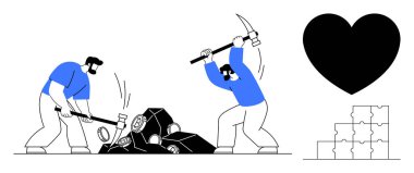 Takım çalışması konsepti. Taşları kıran işçilerin takım çalışması, bağlantılar kurmak ve büyük bir kalp sembolü. Takım çalışması işbirliği, çaba ve birliği teşvik eder. İş için harika, motivasyon için.