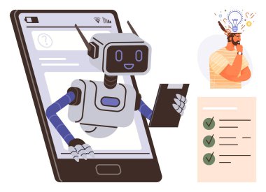 Yapay zeka, dijital yardım, makine eğitimi, gelecekteki teknoloji, problem çözme, yenilik. Akıllı telefondan çıkan robot asistanı, kontrol listesi düşünceli bir insan. AI yardımı