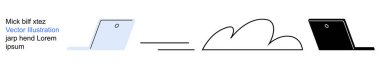 Dijital işbirliği, bulut depolama, uzaktan çalışma, çevrimiçi iletişim, verimlilik, küresel ağ. Dizüstü bilgisayarlar ve bulut elementleri minimalist bir dizaynda. Uzak çalışma ve bulut depolama kavramları