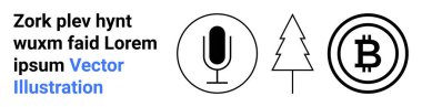 İletişim, doğa, kripto para birimi, teknoloji, ekonomi, büyüme. Dairesel mikrofon, ağaç ve Bitcoin sembolleri siyah beyaz. İletişim ve kripto para birimi kavramları