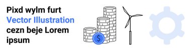 Yenilenebilir enerji, finans, sürdürülebilirlik, yeşil enerji, ekonomik büyüme, teknoloji. Yığınla bozuk para, rüzgar türbini vites sembolü. Yenilenebilir enerji ve finans kavramı