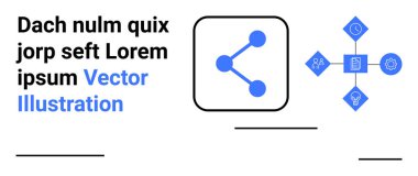 Ağ, teknoloji, sosyal medya, veri paylaşımı, iletişim, dijital bağlantı. Mavi düğümler temiz bir düzendeki simgelerle bağlantılı. Ağ ve teknoloji kavramları